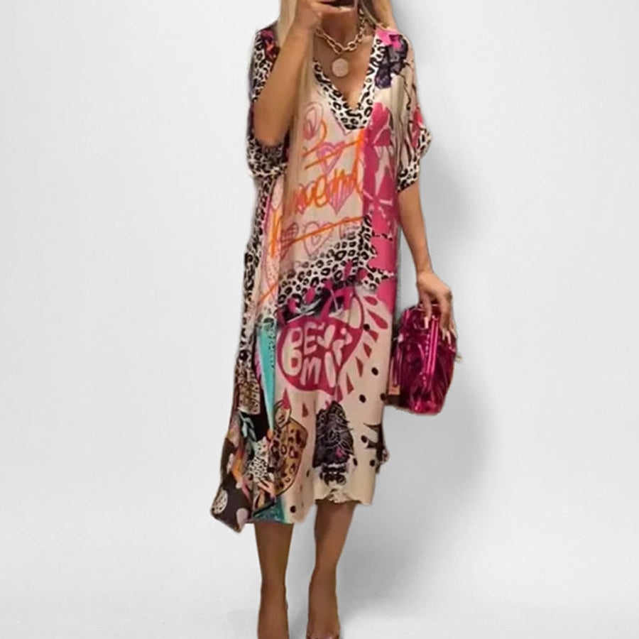 Zephyrine Women's V-Neck Graphic Print Midi Dress in Pink