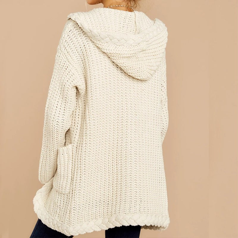 Zinnia Knit Cardigan with Pockets and Hood in White