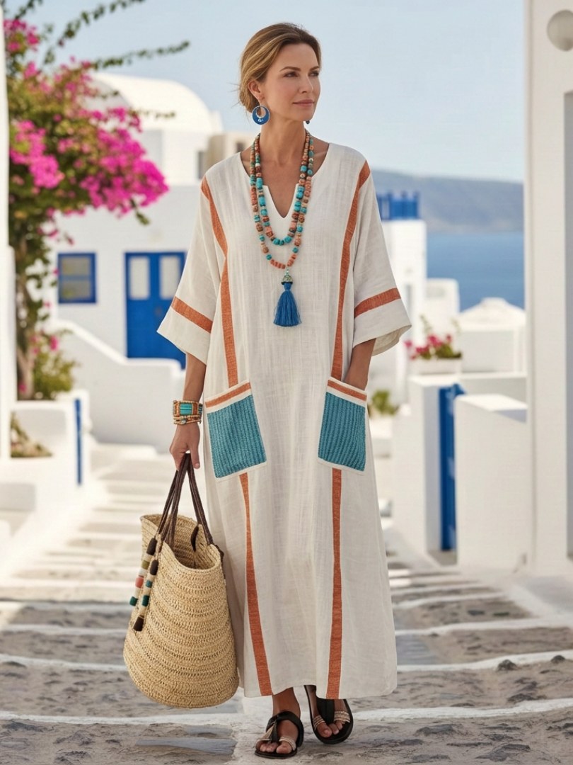 Zinnia Women's V Neck 3/4 Sleeve Maxi Dress in Orange