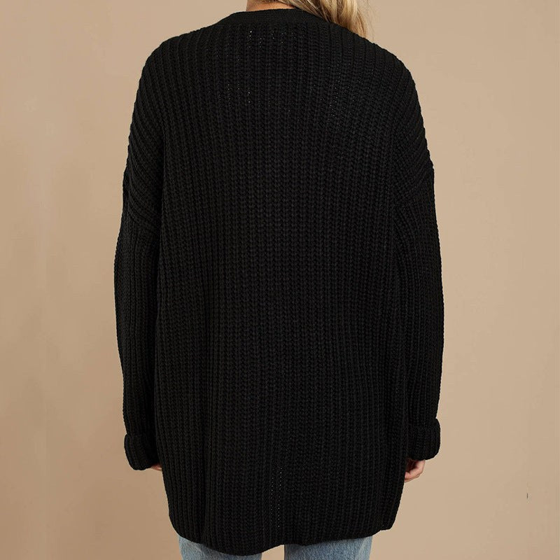 Zita Casual Knit Jacket with V-Neck in Black