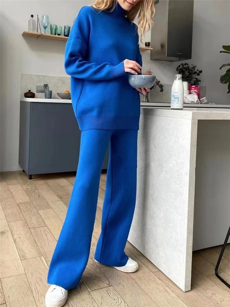 Zita Casual Knit Set with Wide Leg in Blue