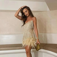 Zivarna Women's Cocktail Party Dress Sequin Fringe Mini in Beige