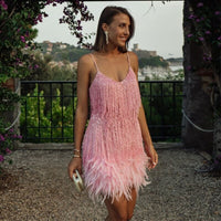 Zivarna Women's Cocktail Party Dress Sequin Fringe Mini in Pink