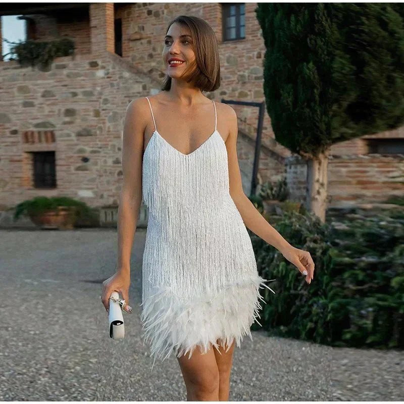 Zivarna Women's Cocktail Party Dress Sequin Fringe Mini in White