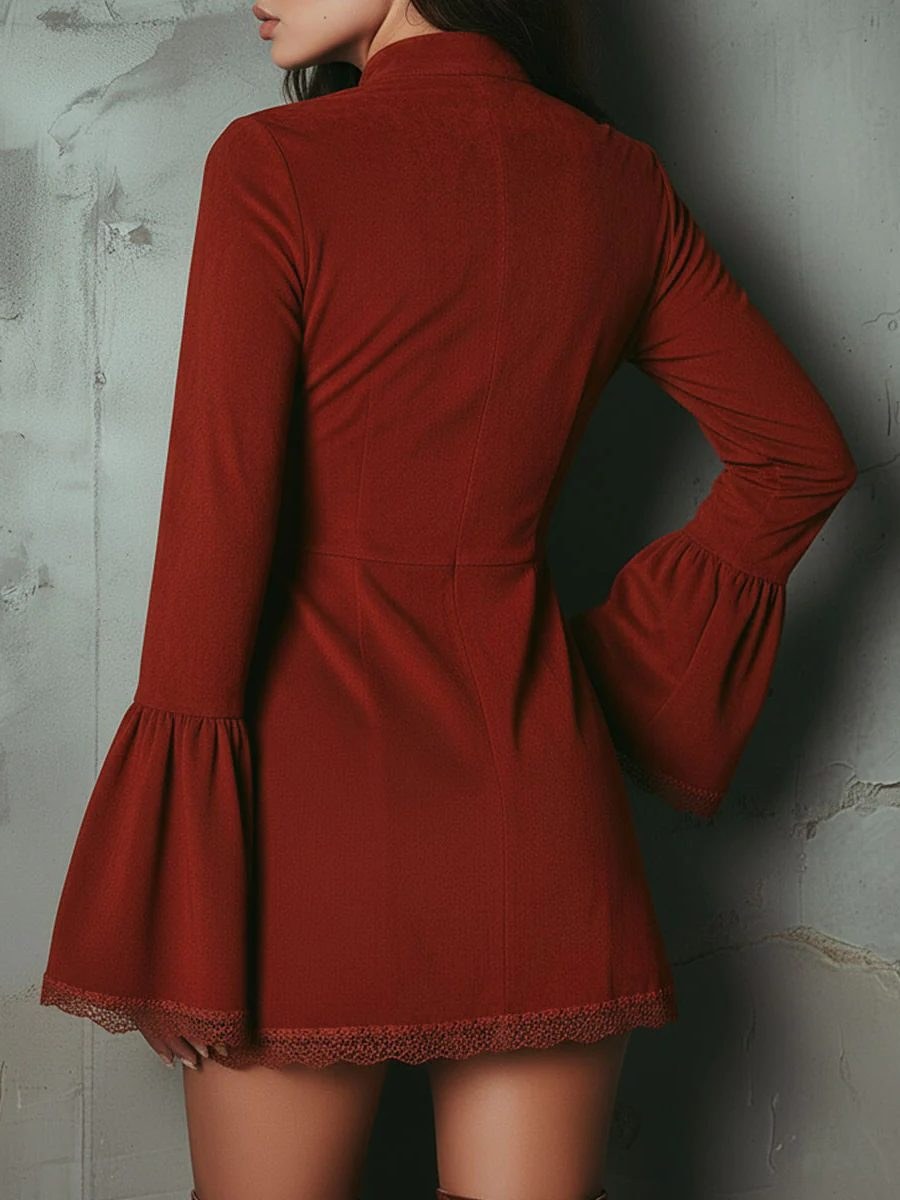 Zivarna Women's Embroidered Bell Sleeve Mini Dress in Red