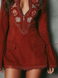 Zivarna Women's Embroidered Bell Sleeve Mini Dress in Red