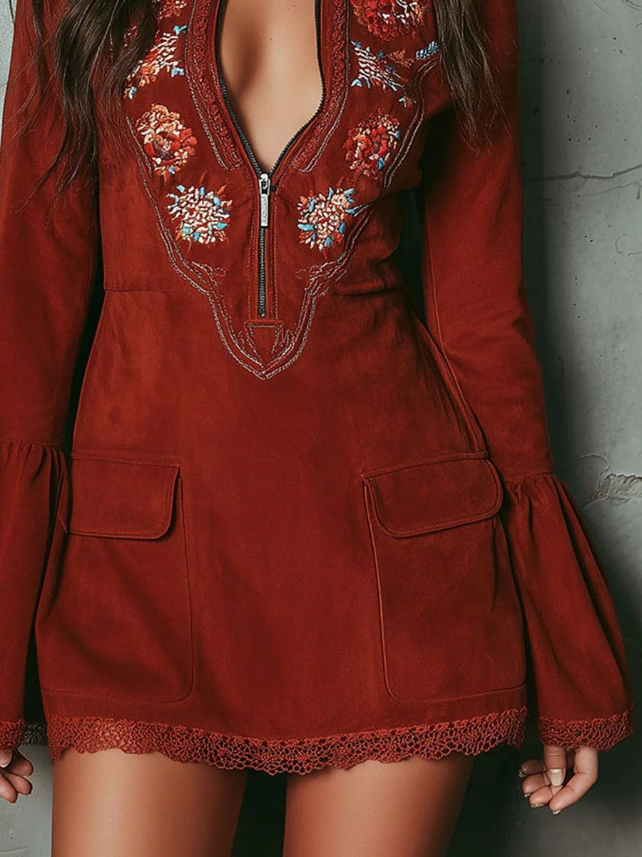 Zivarna Women's Embroidered Bell Sleeve Mini Dress in Red