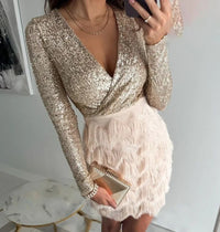 Zivelle Women's Sequin Fringe Mini Dress in Beige