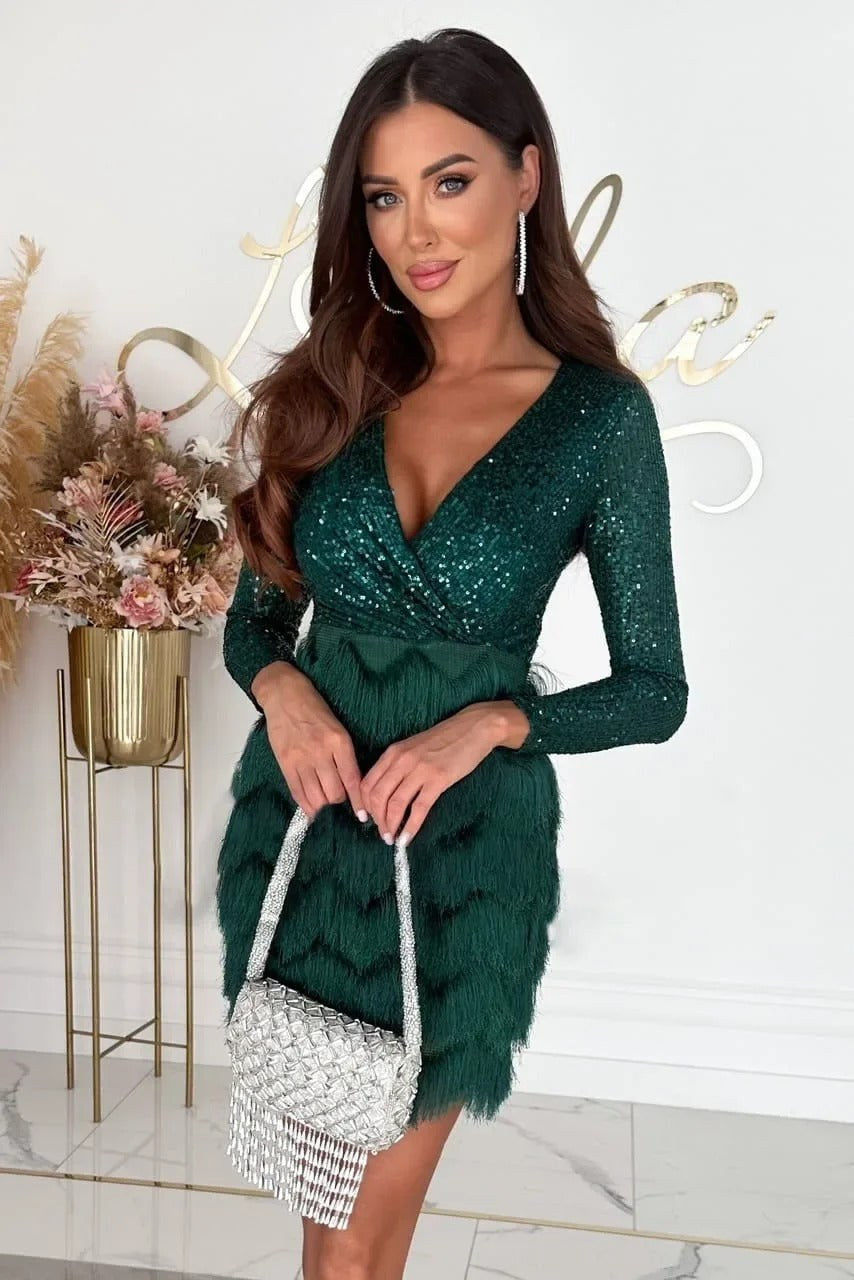 Zivelle Women's Sequin Fringe Mini Dress in Green