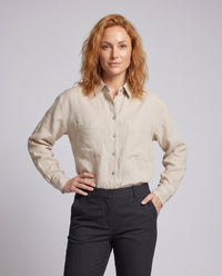 Zoe Casual Linen Blouse with Button Front and Chest Pocket