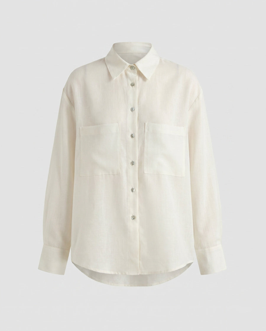Zoe Casual Linen Blouse with Button Front and Chest Pocket in Beige