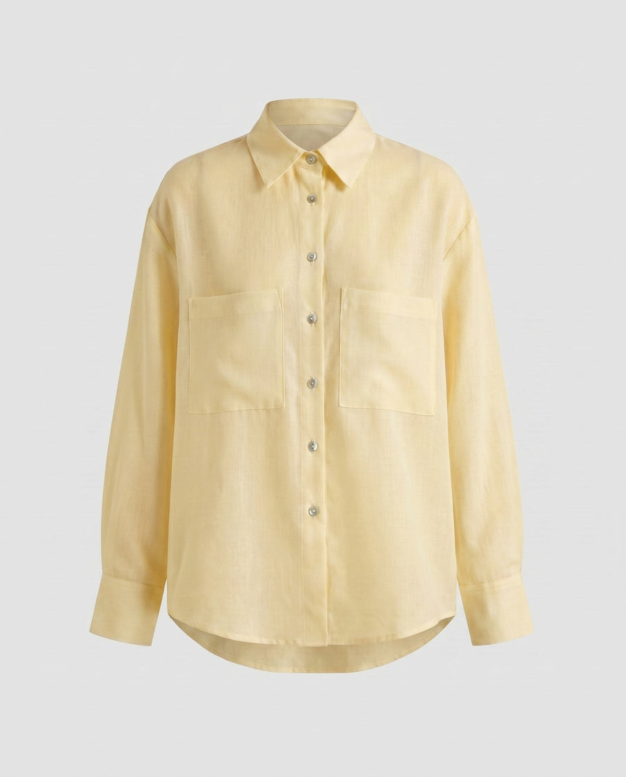 Zoe Casual Linen Blouse with Button Front and Chest Pocket in Light Beige