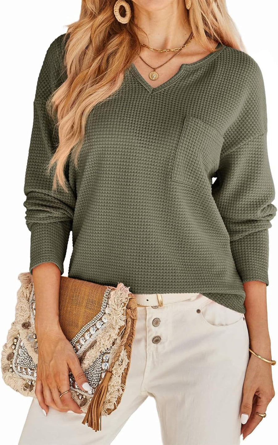 Zoe Casual Top with V-Neck in Olive Green