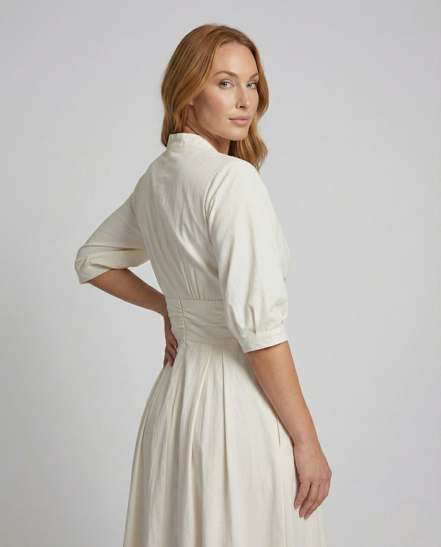 Zoe Linen Midi Dress with Stand Collar