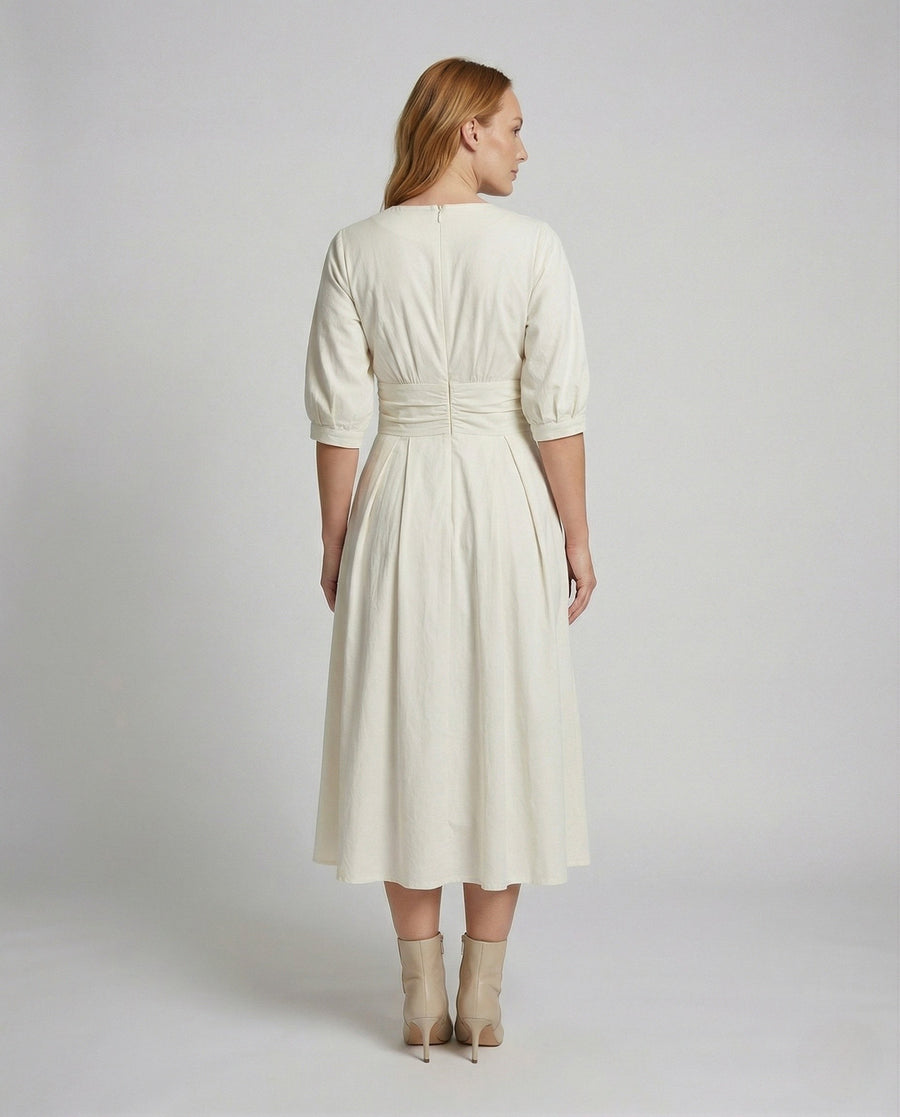 Zoe Linen Midi Dress with Stand Collar