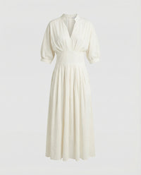 Zoe Linen Midi Dress with Stand Collar in White