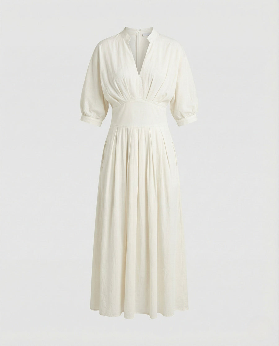Zoe Linen Midi Dress with Stand Collar in White