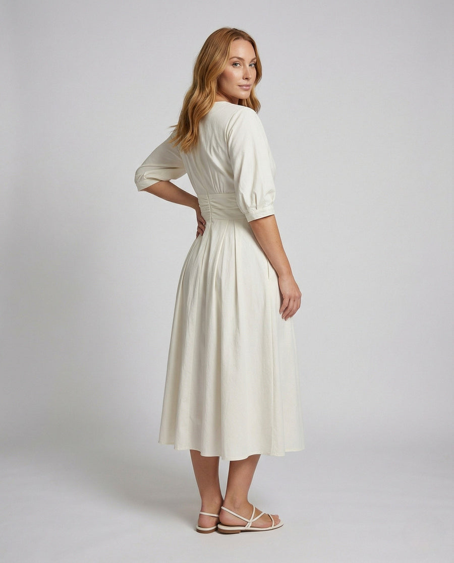 Zoe Linen Midi Dress with Stand Collar