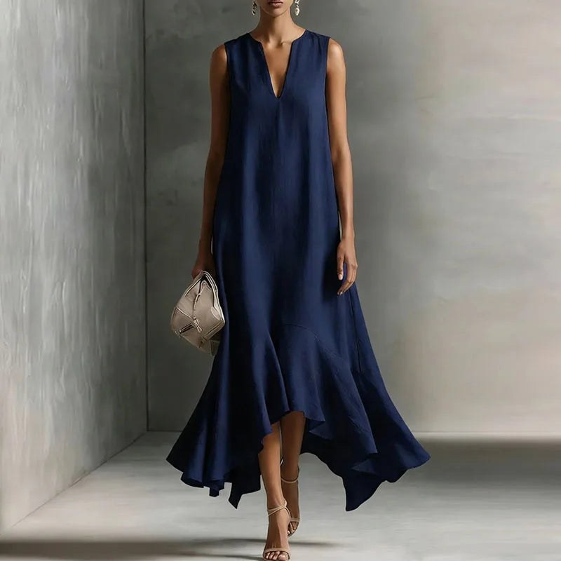 Zolvine Women's Maxi Sundress with Flounce Hem in Navy Blue