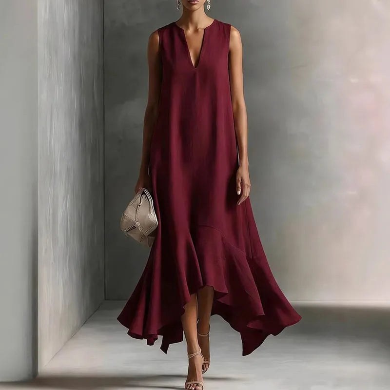 Zolvine Women's Maxi Sundress with Flounce Hem in Wine Red