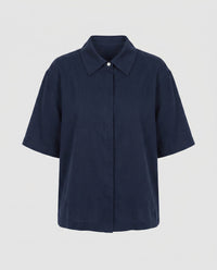 Zuri Casual Linen Blouse with Short Sleeve in Navy