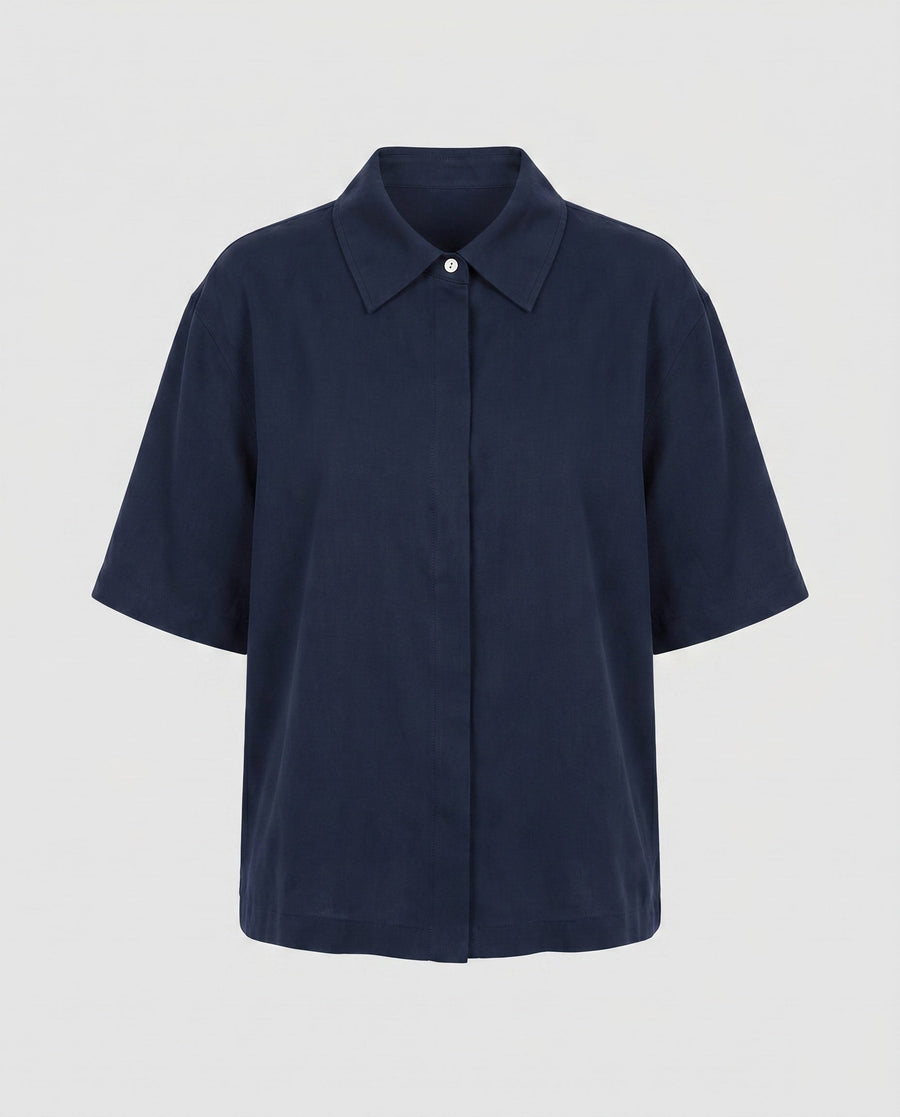 Zuri Casual Linen Blouse with Short Sleeve in Navy