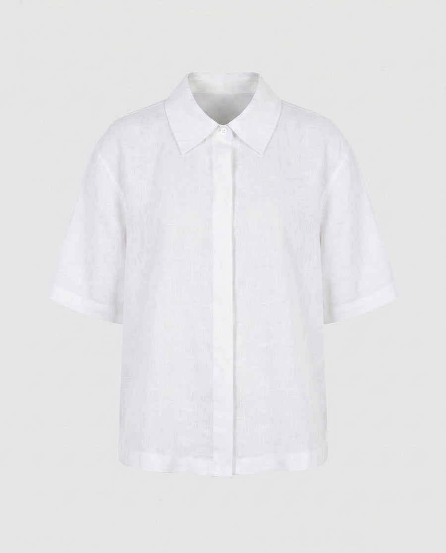 Zuri Casual Linen Blouse with Short Sleeve in White