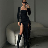 Zuri Elegant Dress with Long Sleeve and Side Split in Black