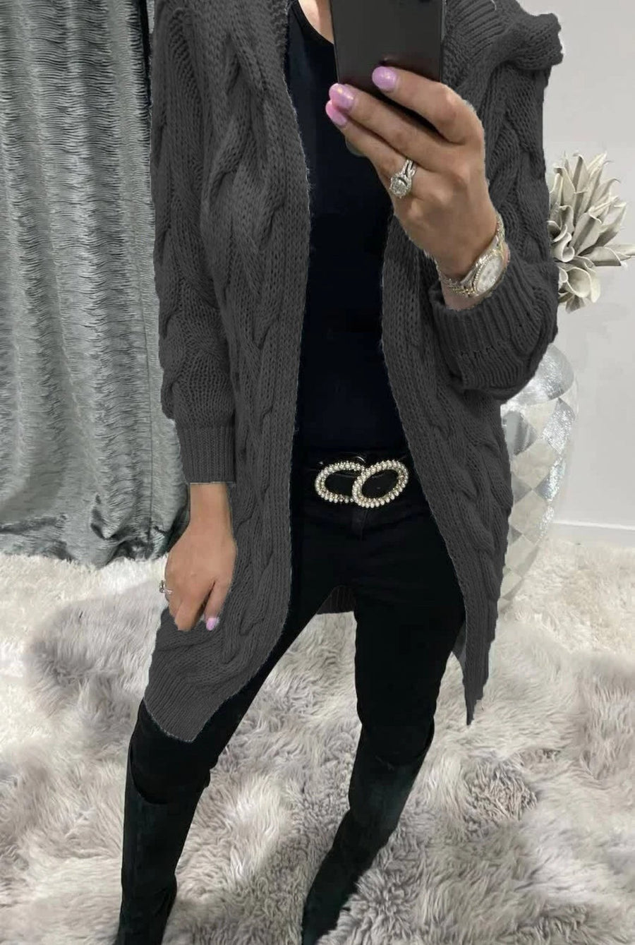 Zuri Elegant Knit Cardigan with Hood in Dark Grey